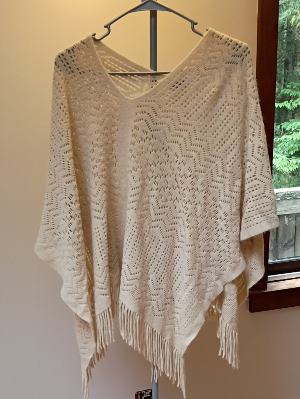 Women's Cream Knit Fringe Poncho Sweater